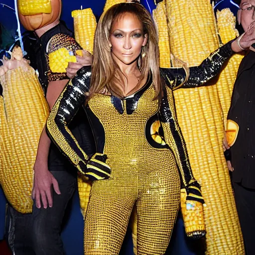 Image similar to full body photo of jennifer lopez, she is wearing a funny kid's hallowen costume of corn on a cob, studio lighting, corn on a cob everywhere