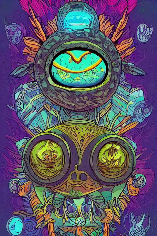 Prompt: knit majora's mask tribal feather gemstone plant wood rock shaman vodoo video game vector illustration vivid color borderlands by josan gonzales and dan mumford radiating a glowing aura