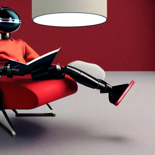 Image similar to futuristic studious matte brown and red and chrome full-body humanoid robot with two huge round expressive sad purple glowing LED eyes and open rectangular mouth sitting on a large comfortable cushioned 1950s vintage recliner reading a newspaper. open newspaper. Cinematic Movie Photograph, Arri Alexa, Extremely Detailed, smooth, very very clean, 8K, octane render, maya render, unreal engine, trending on artstation, DSLR, excellent composition, center frame