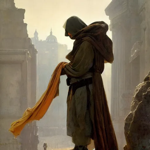 Image similar to half portait of jedi wearing a closed cowl and big old book! chained to the wrist, jeremy mann, jean - leon gerome, tiepolo, alphonse mucha, greg rutkowski, face in the shadows, ( ( ruins of ancient rome ) ), at dusk, mysterious atmosphere, sunrays, dof, high detailed, 8 k