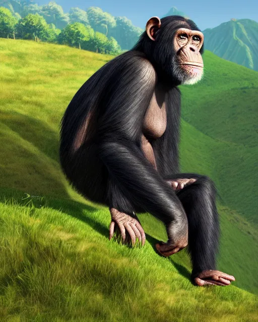 Image similar to very detailed high resolution illustration of a chimpanzee in rolling green hills, 3 d, 8 k, extremely detailed, artstation, award winning