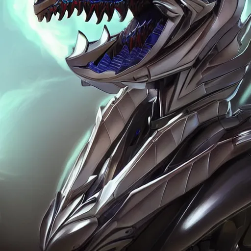 Image similar to stunning bust of a beautiful anthropomorphic humanoid robot mecha female dragon, with smooth and streamlined armor, standing and posing elegantly, well detailed dragon head with epic LED eyes and a warm maw, sharp and sleek design, two arms, two legs, long tail, beautiful digital art, artstation, DeviantArt, FurAffinity, professional, depth of field, close-up, hd, octane render, sunset lighting