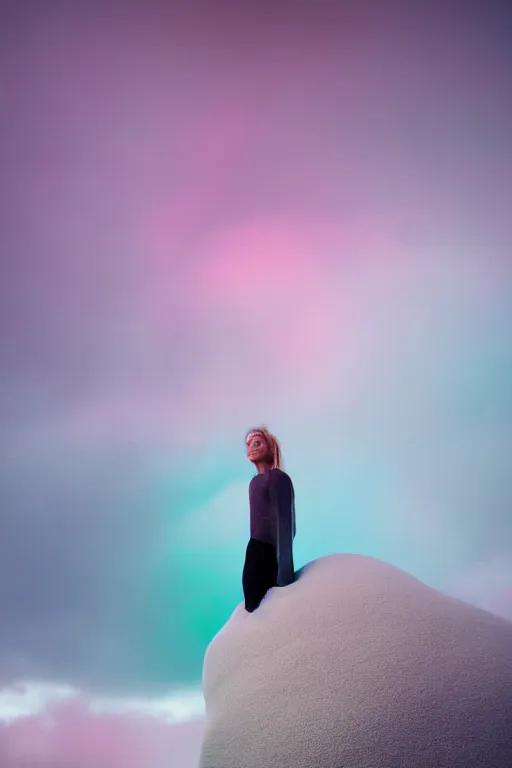 Image similar to high quality pastel coloured film close up wide angle photograph of a model wearing clothing resting on cloud furniture in a icelandic black rock!! environment in a partially haze filled dreamstate world. three point light, rainbow. photographic production. art directed. pastel colours. volumetric clouds. pastel gradient overlay. waves glitch artefacts. extreme facial clarity. 8 k. filmic.