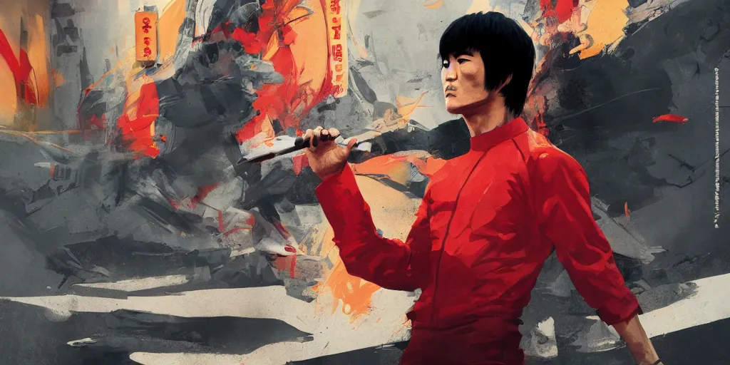 Image similar to bruce lee as kaneda, contrast, kim jung gi, greg rutkowski, zabrocki, karlkka, jayison devadas, trending on artstation, 8 k, ultra wide angle, zenith view, pincushion lens effect