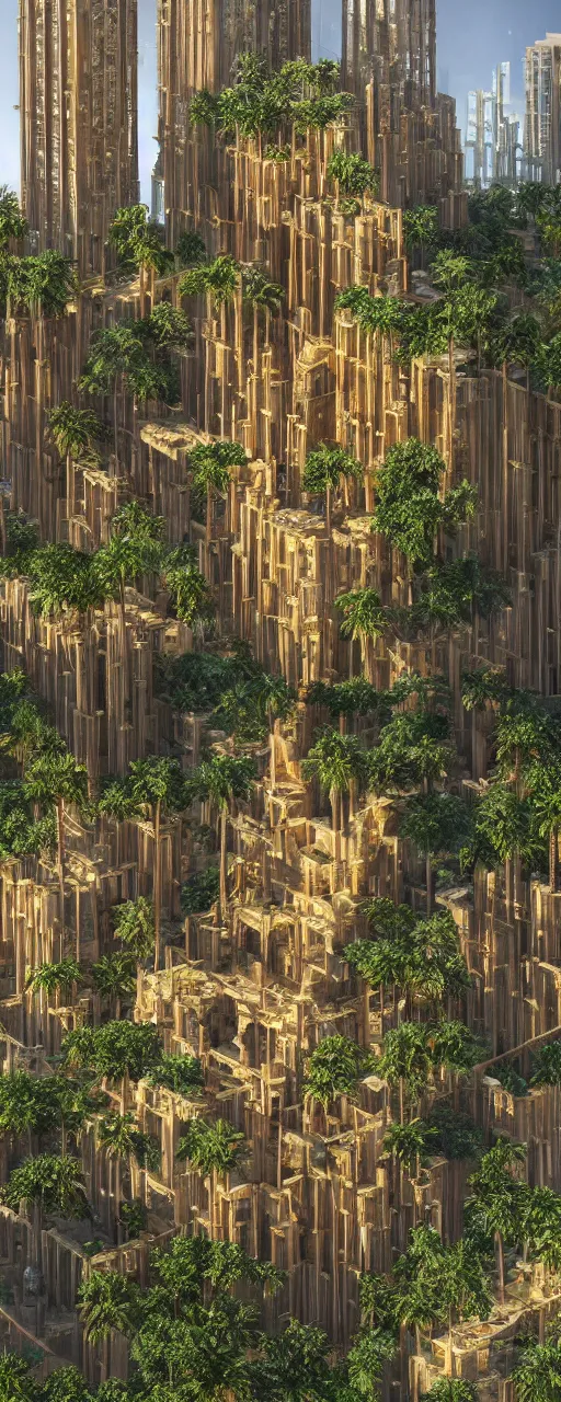 Image similar to photorealistic photo a contemporary babylon tower, golden intricate details, stone facade, sacred ancient architecture, lush hanging gardens, cascading highrise, arid mountains with lush palm forest, sunlight, post - production, octane, cgi, sfx