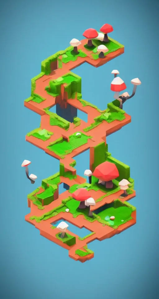 Prompt: a cute little matte low poly isometric mushroom island, lat lighting, trending on artstation, 3d render, monument valley, fez video game,