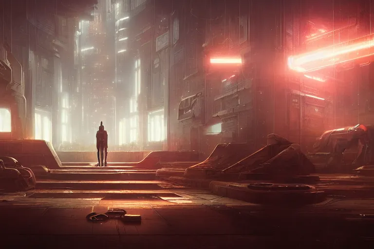 Image similar to sci fi cyberpunk fantasy art a man prays at the altar to the god of machines, by greg rutkowski ultrahd dark volumetric lighting hyper detailed unreal engine octane render