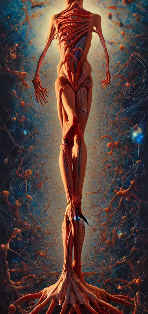 Image similar to a tall, fleshy anatomical figure with extra limbs, hovering in the air, zero gravity, neurons firing, rich colours, karol bak, mark brooks, hauntingly surreal, highly detailed painting by katsuhiro otomo, part by james jean, part by adrian ghenie, part by gerhard richter, soft light 4 k