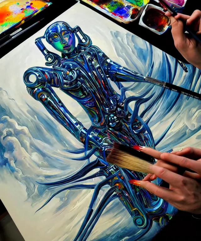 Prompt: photo of futuristic holy futuristic cyborg-robot-painter-artist creating a painting with acrylic paint and brushes in a futuristic artist studio by H.R Giger, by Ayami Kojima, Amano, Karol Bak, Greg Hildebrandt, and Mark Brooks, Neo-Gothic, gothic, rich deep colors. masterpiece, still from a 2021 movie by Terrence Malick, Tarkovsky, Gaspar Noe, James Cameron,