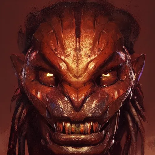 Image similar to A frontal head portrait of The Predator , by dreadjim, Greg Rutkowski, james gurney, epic scifi character art, Exquisite detail, post-processing, low angle view, masterpiece, cinematic