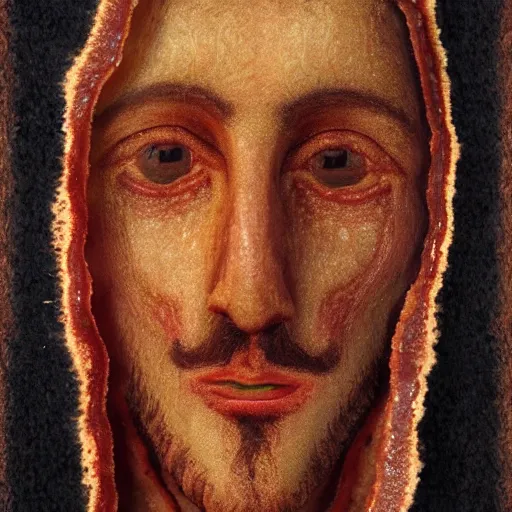 Image similar to the shroud of turin made of bacon, photography, 8 k, highly detailed, ultra realistic, path traced