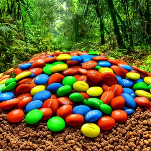 Image similar to peanut m&m boulders in a jungle landscape