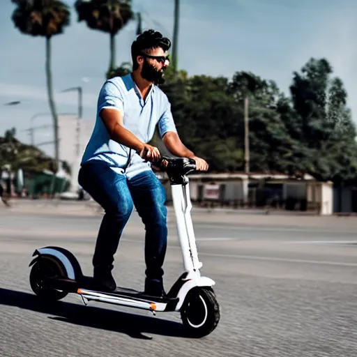 Prompt: Seagull perched on the head of a man riding an electric scooter