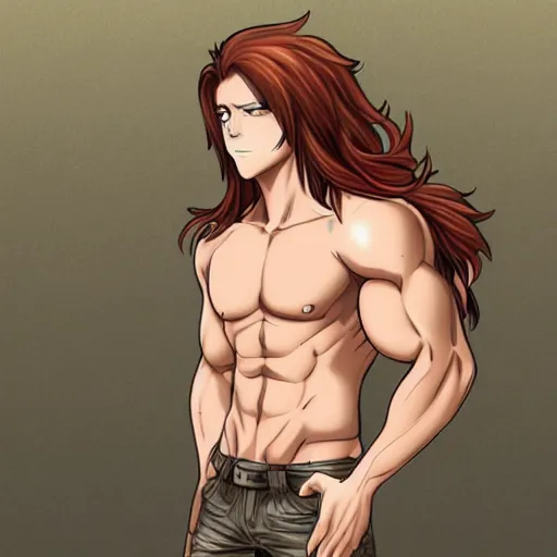 Image similar to well built man, rusty colored long hair, anime, high details,