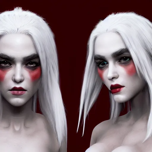 Image similar to a highly detailed portrait of a humanoid demon girl with white hair, red horns, in white clothes, artstation, deviantart, professional, unreal engine 5, photorealistic