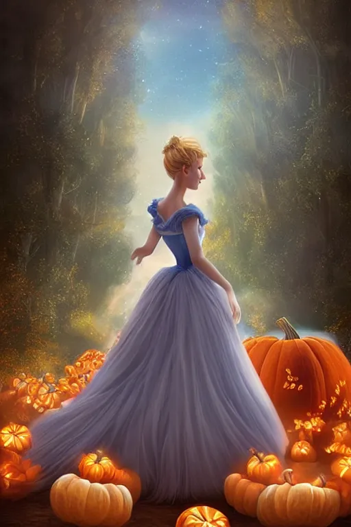 Prompt: beautiful mystical digital painting a beautiful cinderella standing in front of a pumpkin carriage with horses by artgerm