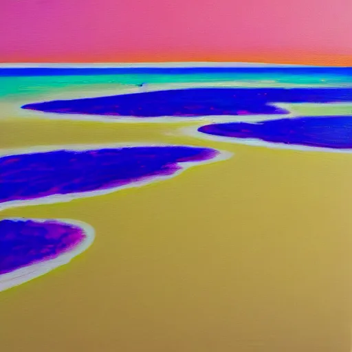 Prompt: Top down acrylic painting of an orange beach and purple ocean