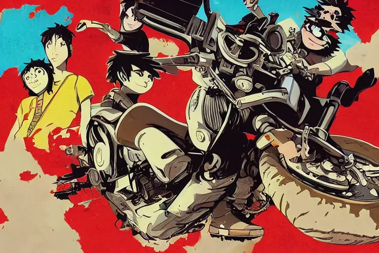 Image similar to pizza, akira's motorcycle, gorillaz, poster, high quality