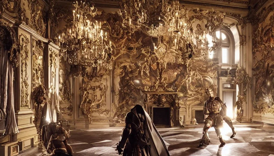 Image similar to Big budget movie about a cyborg fighting descarte's evil demon in a rococo castle