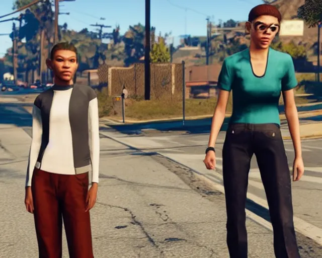 Prompt: zendaya and hunter schafer in gta 5, cdx