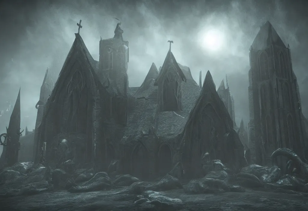 Image similar to eldritch church of cthulhu photorealistic, film, cinematic lighting, octane render, volumetric light, dark - art