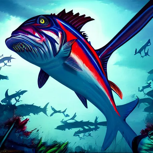 Prompt: zombified marlin, beautiful composition, wide angle, colorful, cinematic, volumetric lighting, intricate details painting