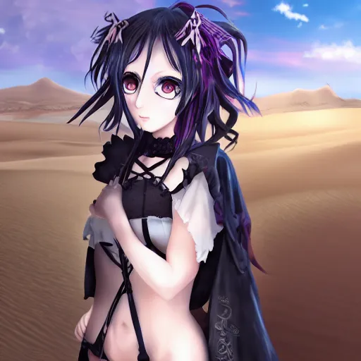 Prompt: a gothic anime girl in the middle of the desert, 4 k, digital art, trending on artstation, studio lighting, wide angle lens, 1 5 mm,