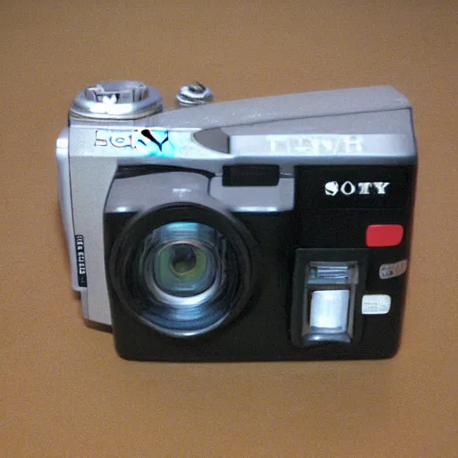 Prompt: 2 0 0 4 digital flash photo of 1 9 9 8 sony handycam digital 8 camcorder, a bag of tesco brand flour, 2 soda bottles, and a triangular prism.