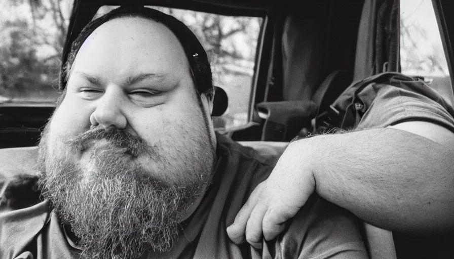 Image similar to far view, extremely fat obese mitch mcconnell with long beard, wearing dirty overalls, dirty greasy face, grin, portrait, close up, kodak gold 2 0 0, 5 0 mm,