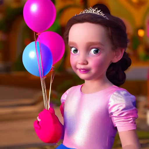 Prompt: a closeup photorealistic photograph of disney princess sophia at her birthday holding balloons and eating cake. brightly lit scene. this 4 k hd image is trending on artstation, featured on behance, well - rendered, extra crisp, features intricate detail, epic composition and the style of unreal engine.