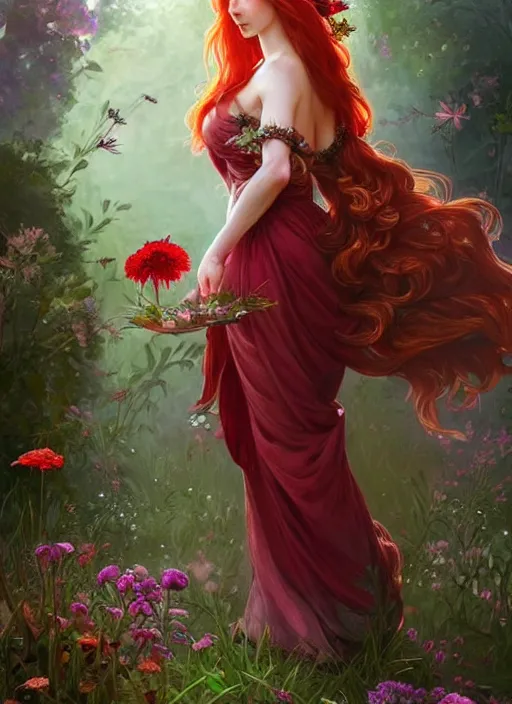 Prompt: a beautiful red haired woman as a fairy princess in a garden holding a bunch of wild flowers, deep focus, d & d, fantasy, intricate, elegant, highly detailed, digital painting, artstation, concept art, matte, sharp focus, illustration, hearthstone, art by artgerm and greg rutkowski and alphonse mucha