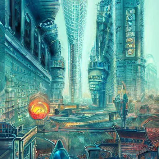 Image similar to vintage poster of a city on a futuristic alien planet, highly detailed, digital painting, concept art, illustration, - h 7 6 8