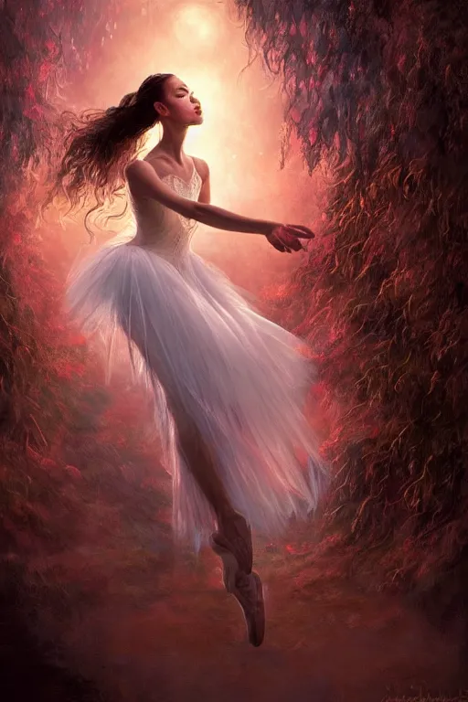 Prompt: filipina prima ballerina, gorgeous, ethereal, intricate, elegant, volumetric lighting, nature scenery, digital painting, highly detailed, artstation, sharp focus, illustration, concept art, clive barker