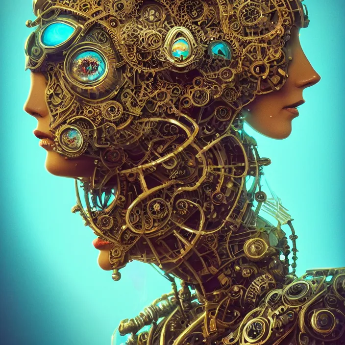 Image similar to beautiful symmetrical face portrait android woman time machine axonometric mechanical fantasy intricate elegant highly detailed in volumetric void of latent space lush flowers intricate jewellery, realm of the gods golden turquoise steampunk, axonometric high contrast cinematic light, mystical shadows, digital painting, sharp focus, octane render, photographic, concept art, artist leonardo davinci, unreal engine 8 k