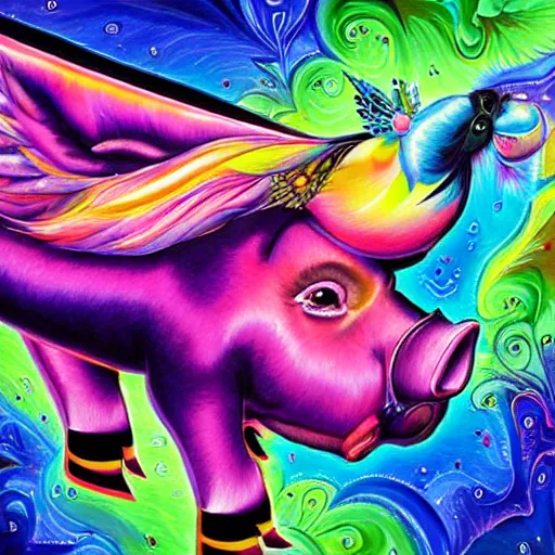 Prompt: lisa frank flying pigs painting by android jones