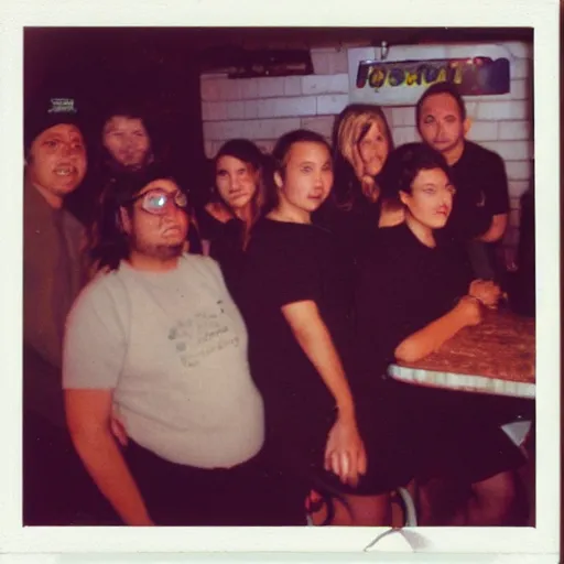 Prompt: Polaroid photo of a cult in a pizza place