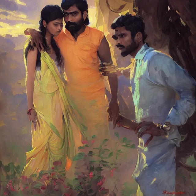 Image similar to paiting of a tamil man and alien love story, portrait, elegant, intricate, digital painting, artstation, concept art, smooth, sharp focus, illustration, art by konstantin korovin and daniel f. gerhartz and john howe