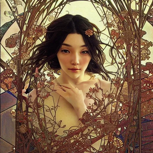 Image similar to lyanna stark zen, minimalist, sunny environment, highly detailed, realistic, up close shot shinji aramaki, karol bak, alphonse mucha