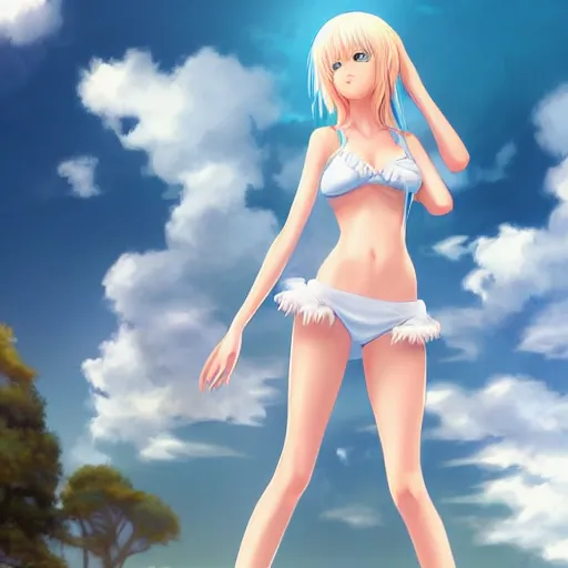 Image similar to tiny father a tall daughter picture : a very beautiful young blond anime girl, sky blue eyes, bikini, white miniskirt, highly detailed, cinematic wallpaper by stanley artgerm lau