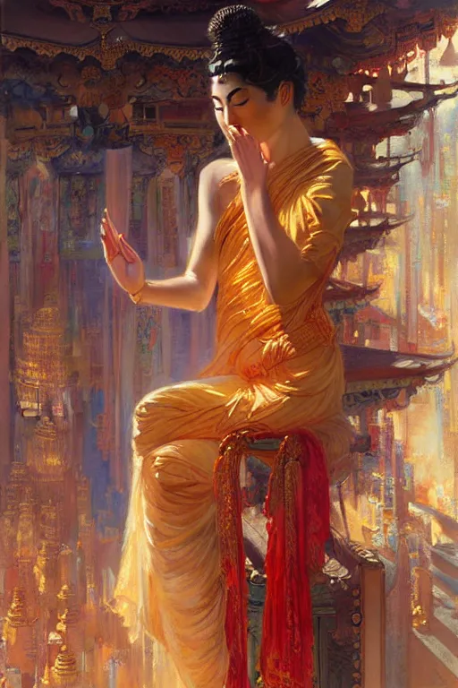 Prompt: buddhism, temple, futurism, painting by gaston bussiere, greg rutkowski, j. c. leyendecker, artgerm