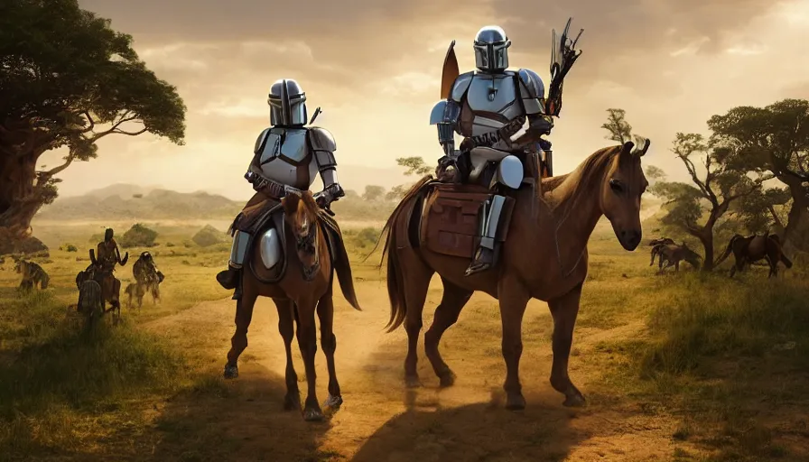 Image similar to mandalorian riding a horse alone, madagascar with baobabs trees in the background, action scene, an epic fantasy, artgerm and greg rutkowski and alphonse mucha, an epic fantasy, volumetric light, detailed, establishing shot, cinematic, photorealistic, hyper detailed, ultra realistic, trending on art station, octane render, midsommar