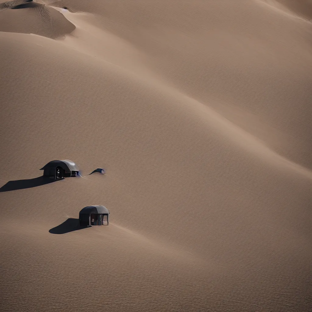 Prompt: a beautiful chrome metal detailed intricate hut in the namibia sand dunes. bright high contrast cinematic lighting highly detailed resolution octane render 8 k