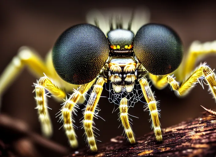 Image similar to macro portrait of a crystal spider in the forest. Fantasy magic style. Highly detailed 8k. Intricate. Nikon d850 300mm. Award winning photography.