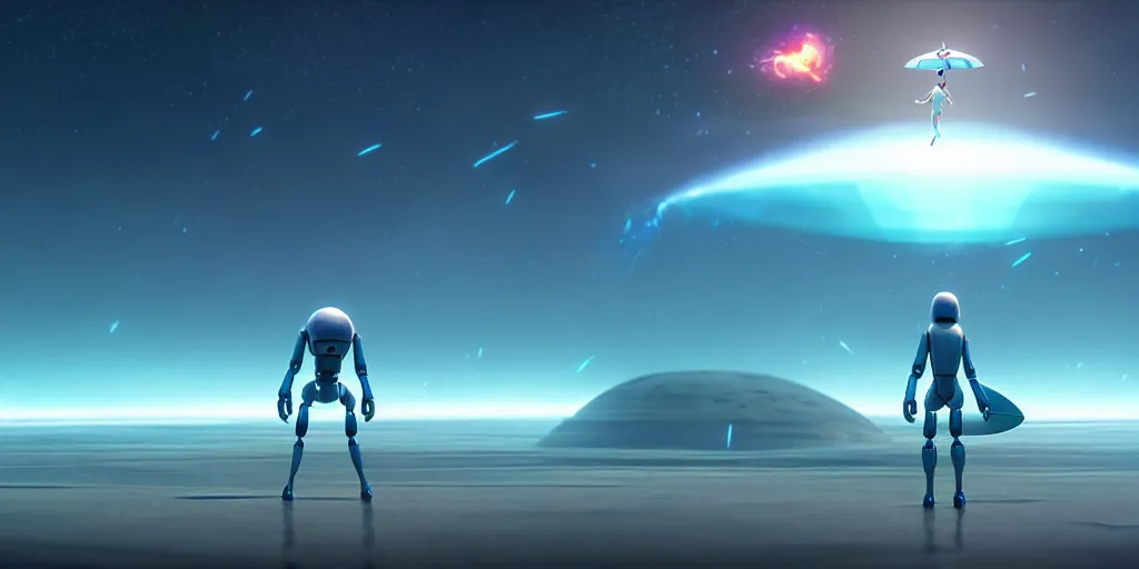 Image similar to an alien artificial intelligence surfing through cosmos, studio ghibli, pixar and disney animation, sharp, rendered in unreal engine 5, anime key art by greg rutkowski, bloom, dramatic lighting
