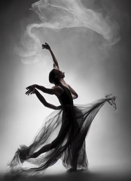 Image similar to a Photorealistic dramatic hyperrealistic render of a beautiful Female smoke dancer by Ken Brower and Deborah Ory of NYC Dance project,Lois Greenfield,Flowing cloth and smoke,Beautiful dynamic dramatic dark moody lighting,volumetric,shadows,cinematic atmosphere,Octane render,8K