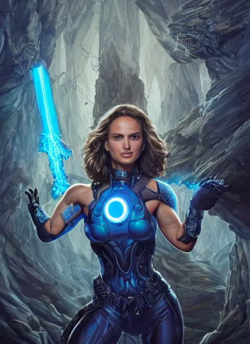 Image similar to muscled Natalie Portman with bright blue glowing eyes as a ruggedly handsome hero, intricate, elegant, highly detailed, centered, digital painting, artstation, concept art, smooth, sharp focus, illustration, art by artgerm and donato giancola and Joseph Christian Leyendecker, Ross Tran, WLOP