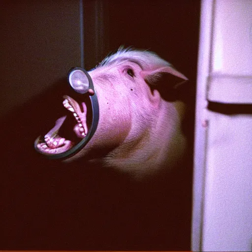 Image similar to creppy 2 0 0 3 photo of a pig masked man screaming in a dark room