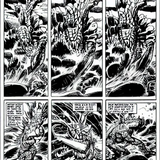 Image similar to full page comic of godzilla by jack kirby, kirby dots, 4 k, detailed, intricate