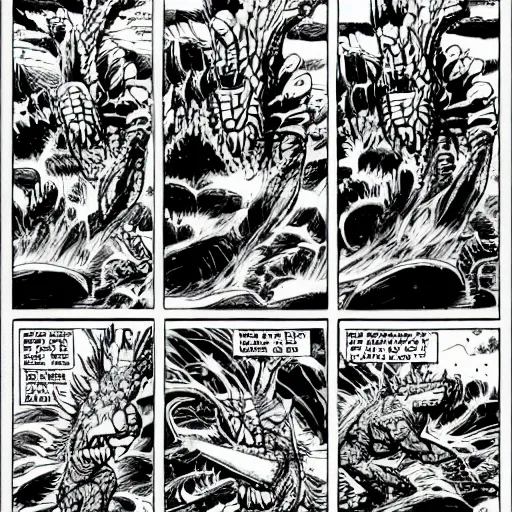 Prompt: full page comic of godzilla by jack kirby, kirby dots, 4 k, detailed, intricate