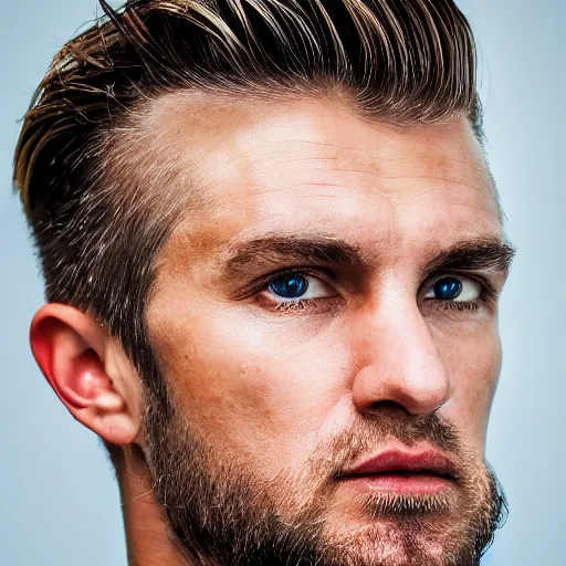 Image similar to close up of face of good looking 4 0 year old slavic blond man with blond stubble, very short wavy blond hair in a short pompadour style, pale skin, very dark blue eyes, hairy shoulders, hairy chest, portrait, 4 k